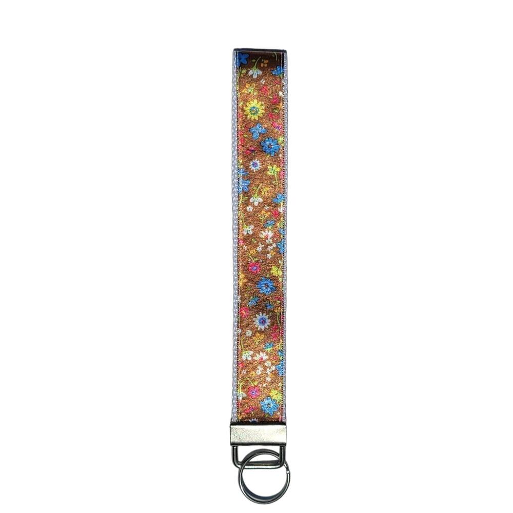 Fall Autumn Lanyard Key Chain BROWN FLORAL Wrist Key Fob - Handmade